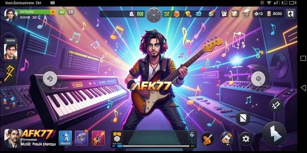 Tampilan gameplay AFK77 dengan berbagai lagu dan tantangan musik.