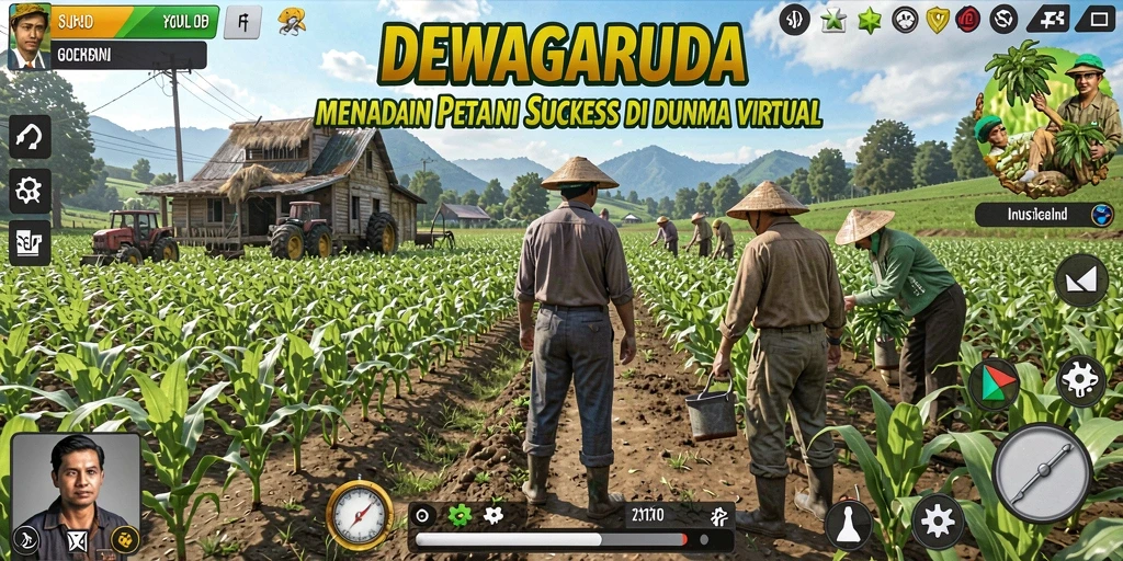 Screenshot utama DEWAGARUDA menampilkan pemain sedang bercocok tanam dengan alat modern.
