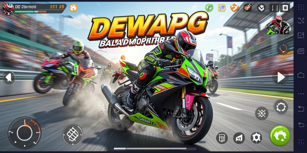 Screenshot utama DEWAPG menampilkan aksi balap motor yang mendebarkan.
