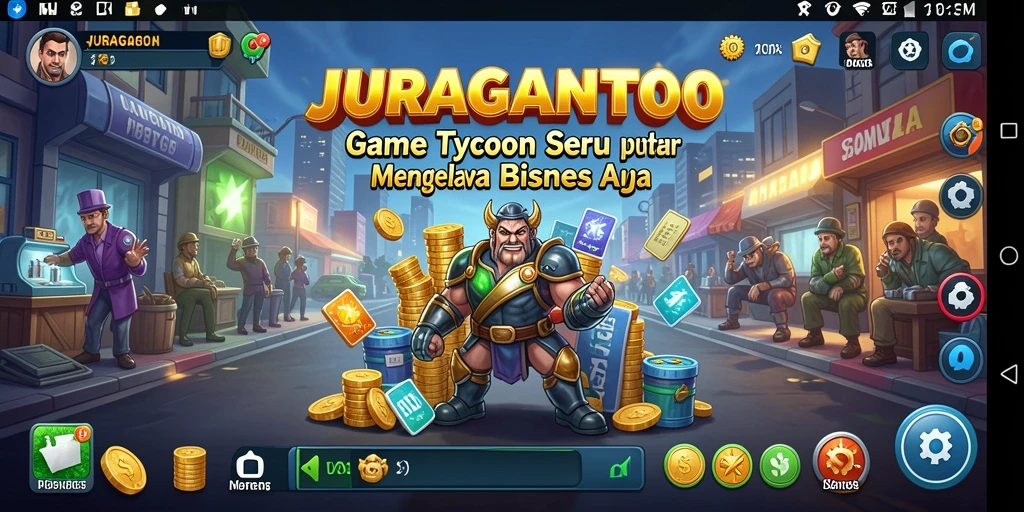 Tampilan gameplay seru dari JURAGANTOTO yang menggambarkan pengelolaan bisnis.