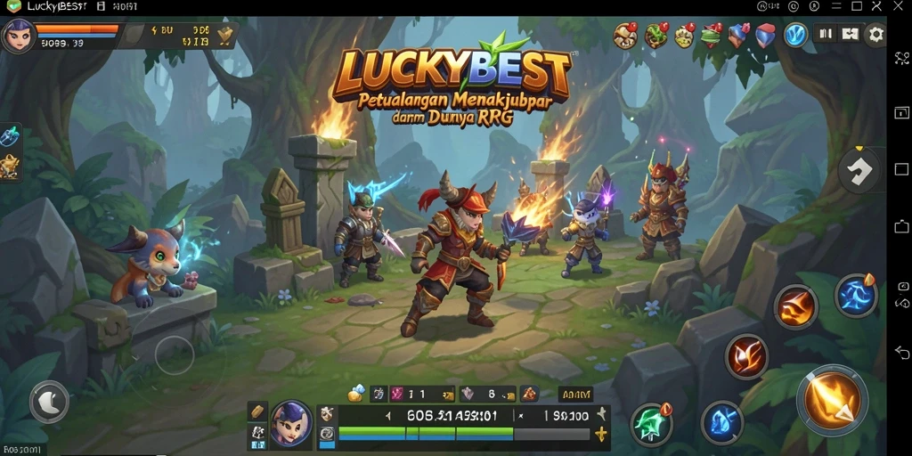 Tampilan gameplay utama LUCKYBEST yang menampilkan pertempuran epik dan karakter unik.
