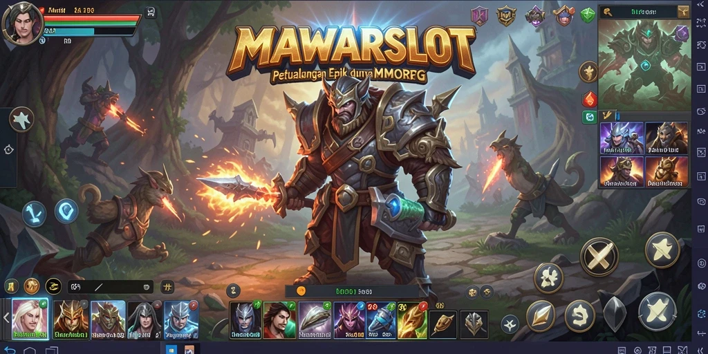 Tangkapan layar gameplay MAWARSLOT menampilkan pertarungan epik di dunia fantasi.