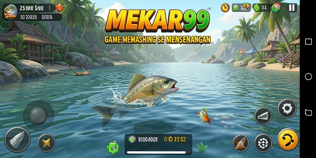 Tampilan gameplay MEKAR99 yang menarik dengan aksi memancing di lokasi yang indah.