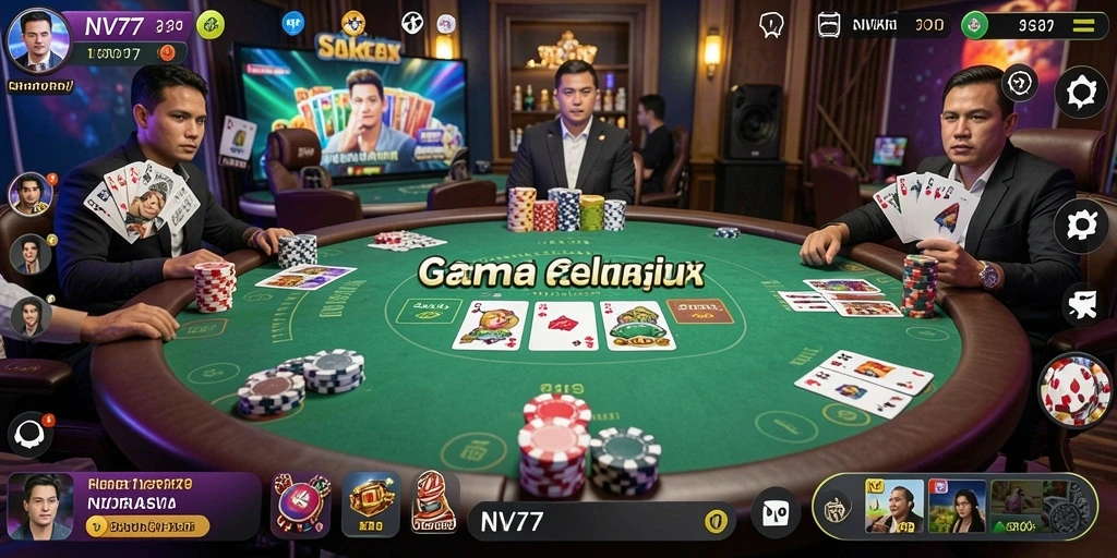 Tampilan gameplay NV77 yang intens dan kompetitif di dunia Poker.