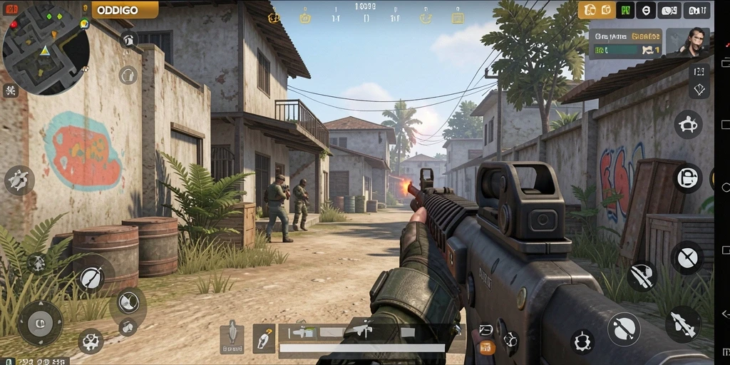 Tampilan gameplay seru dari ODDIGO dengan aksi tembak-menembak.