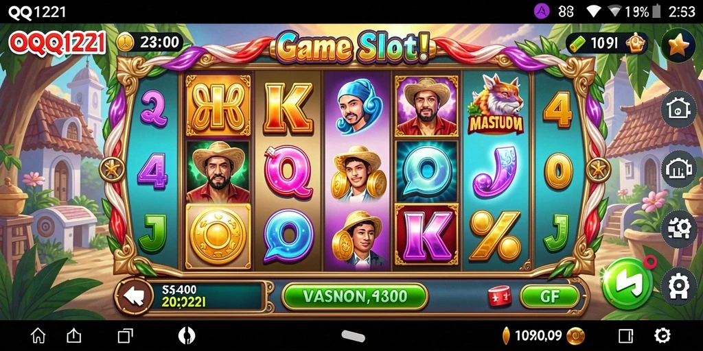 Tampilan seru gameplay <strong>QQ1221</strong> dengan berbagai simbol dan animasi menarik.