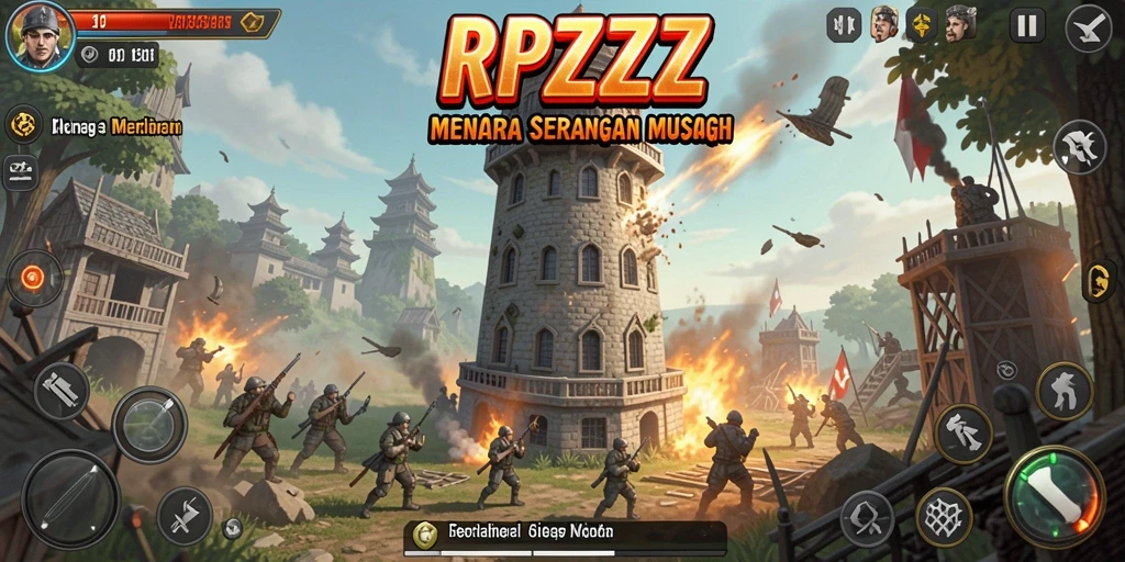 Screenshot utama RPZZZ menampilkan menara dan serangan musuh yang intens.