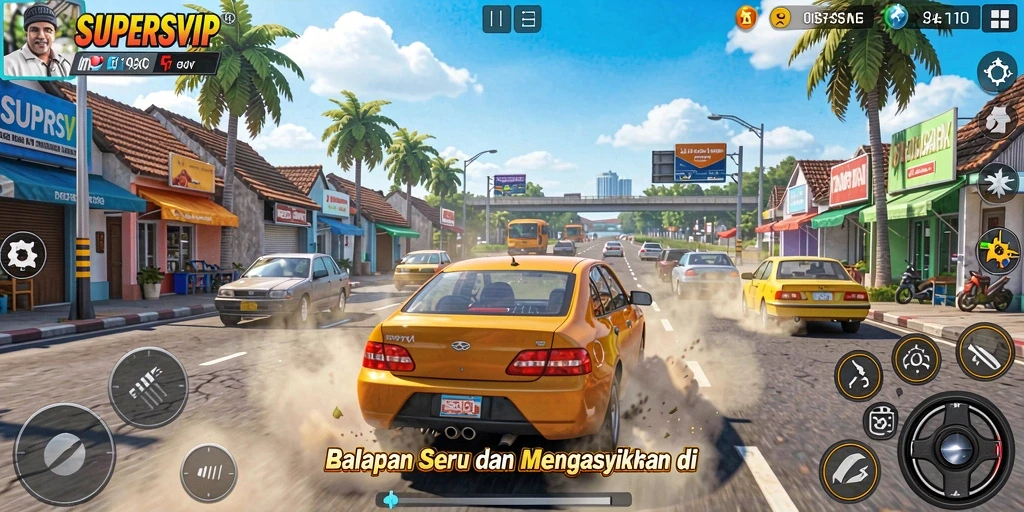 Screenshot gameplay SUPERSVIP dengan aksi balapan mendebarkan.