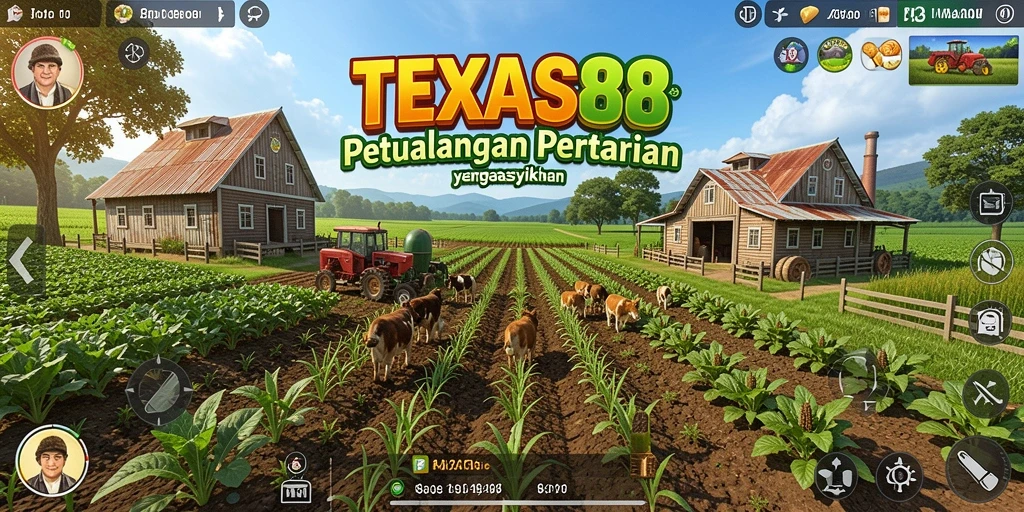 Tampilan gameplay TEXAS88 dengan petak pertanian yang subur dan aktivitas yang ramai.