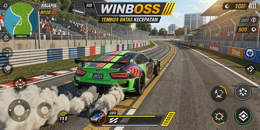 Tampilan gameplay balapan seru di WINBOSS dengan mobil-mobil cepat.