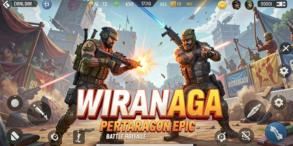 Screenshot WIRANAGA menampilkan aksi pertempuran intens dalam Battle Royale.
